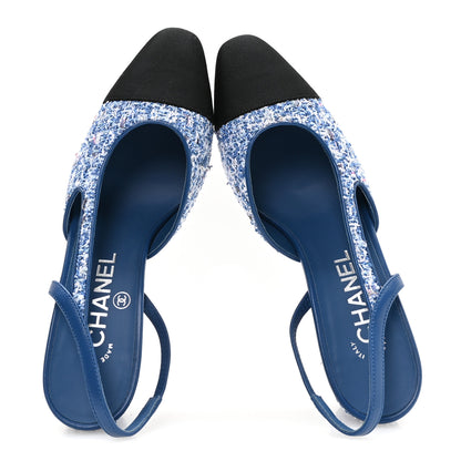 Chanel Tweed Grosgrain Cap Toe CC Slingback Pumps 36 Blue White Black 2 of 9