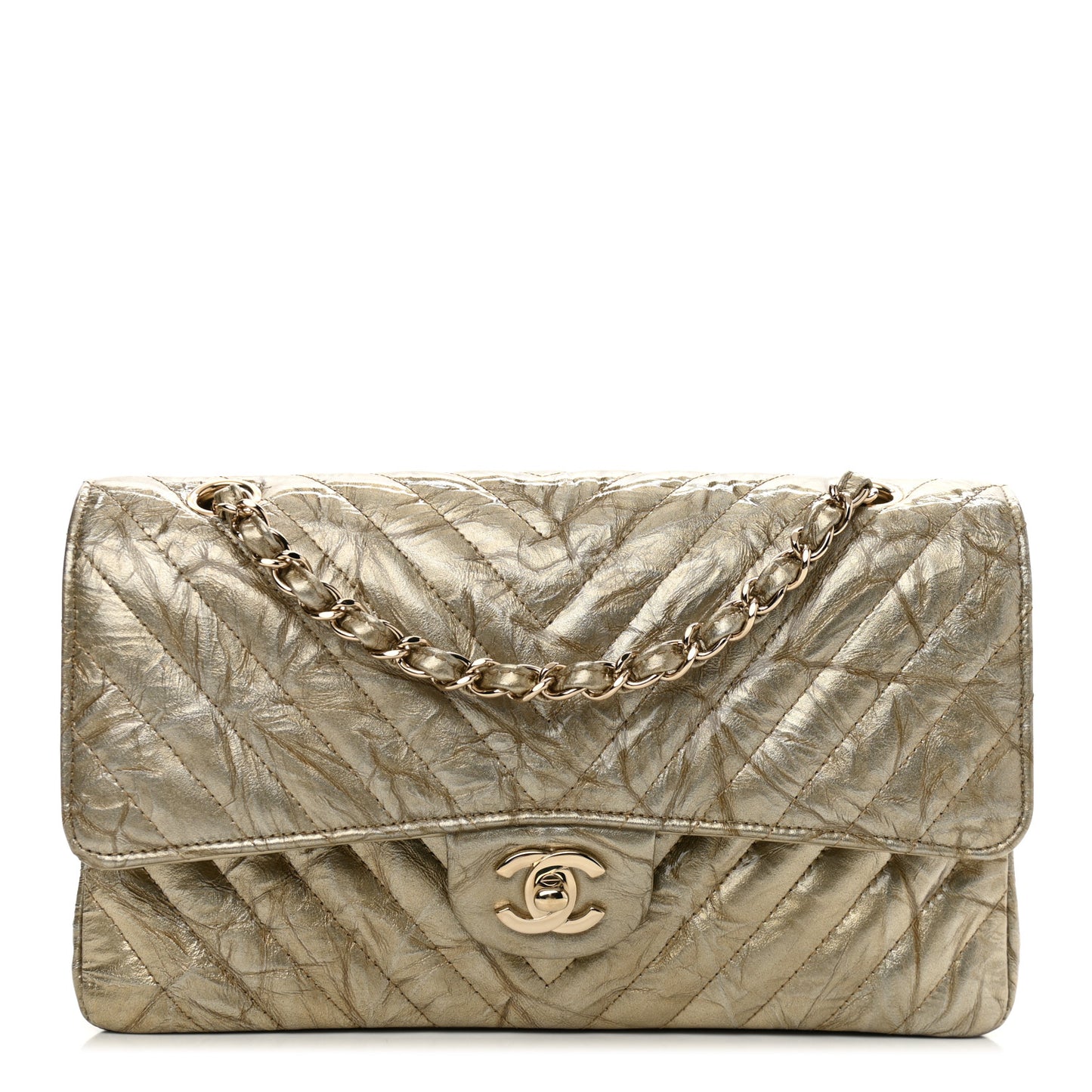 Metallic Patent Crumpled Calfskin Chevron Quilted Medium Double Flap Gold