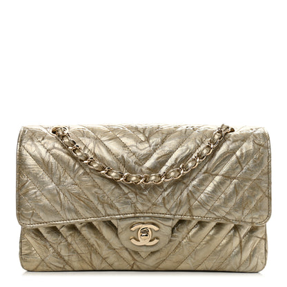 Chanel Metallic Patent Crumpled Calfskin Chevron Quilted Medium Double Flap Gold 1 of 12