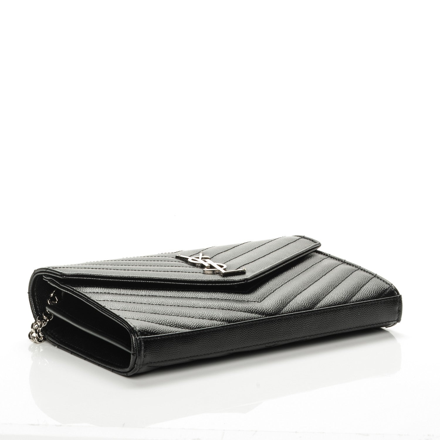 Saint Laurent Grain De Poudre Matelasse Chevron Monogram Chain Wallet Black 4 of 7