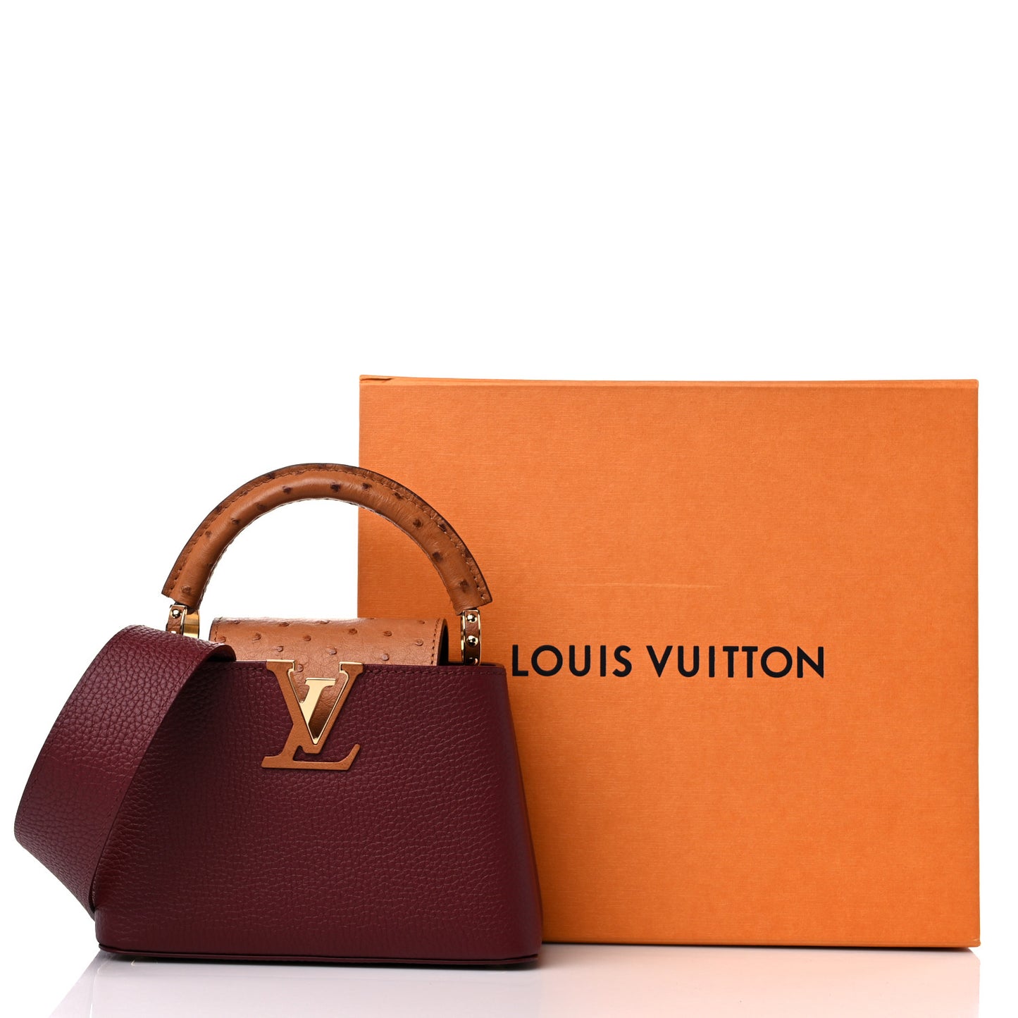 Taurillon Ostrich Mini Capucines Griotte Red Honey