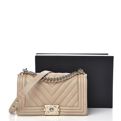 Chanel Metallic Caviar Chevron Quilted Medium Boy Flap Light Beige 11 of 11