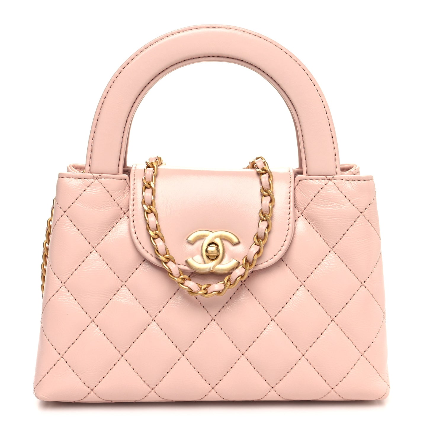 Shiny Aged Calfskin Quilted Nano Kelly Shopper Light Pink