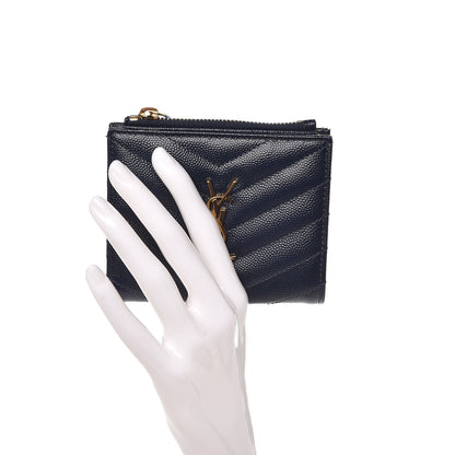 Saint Laurent Grain De Poudre Matelasse Chevron Monogram Zipped Card Case Navy 2 of 7
