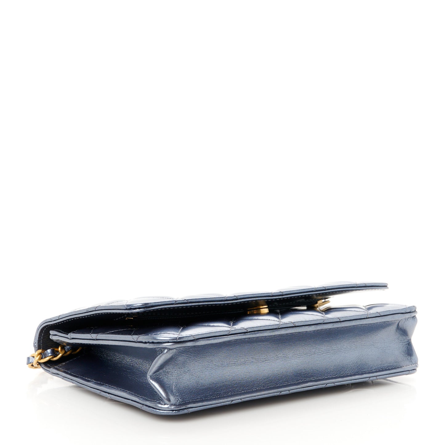 Metallic Lambskin Wallet On Chain WOC Dark Blue