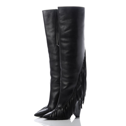 Saint Laurent Calfskin Niki Fringe High Boots 37.5 Black 3 of 8