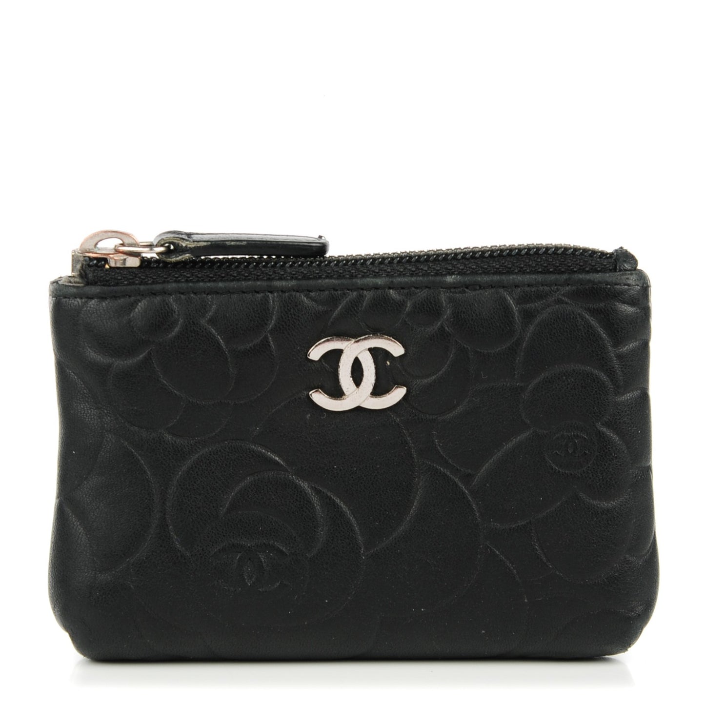 Lambskin Camellia Embossed Key Holder Case Black