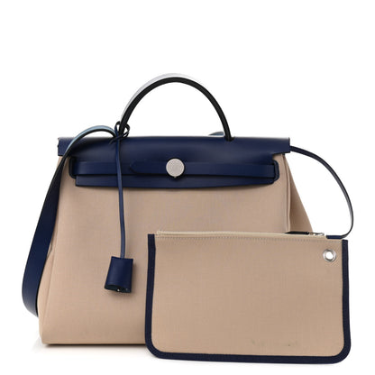 Hermes Military Toile Vache Hunter Herbag Zip 31 PM Bleu De France Ecru 3 of 14
