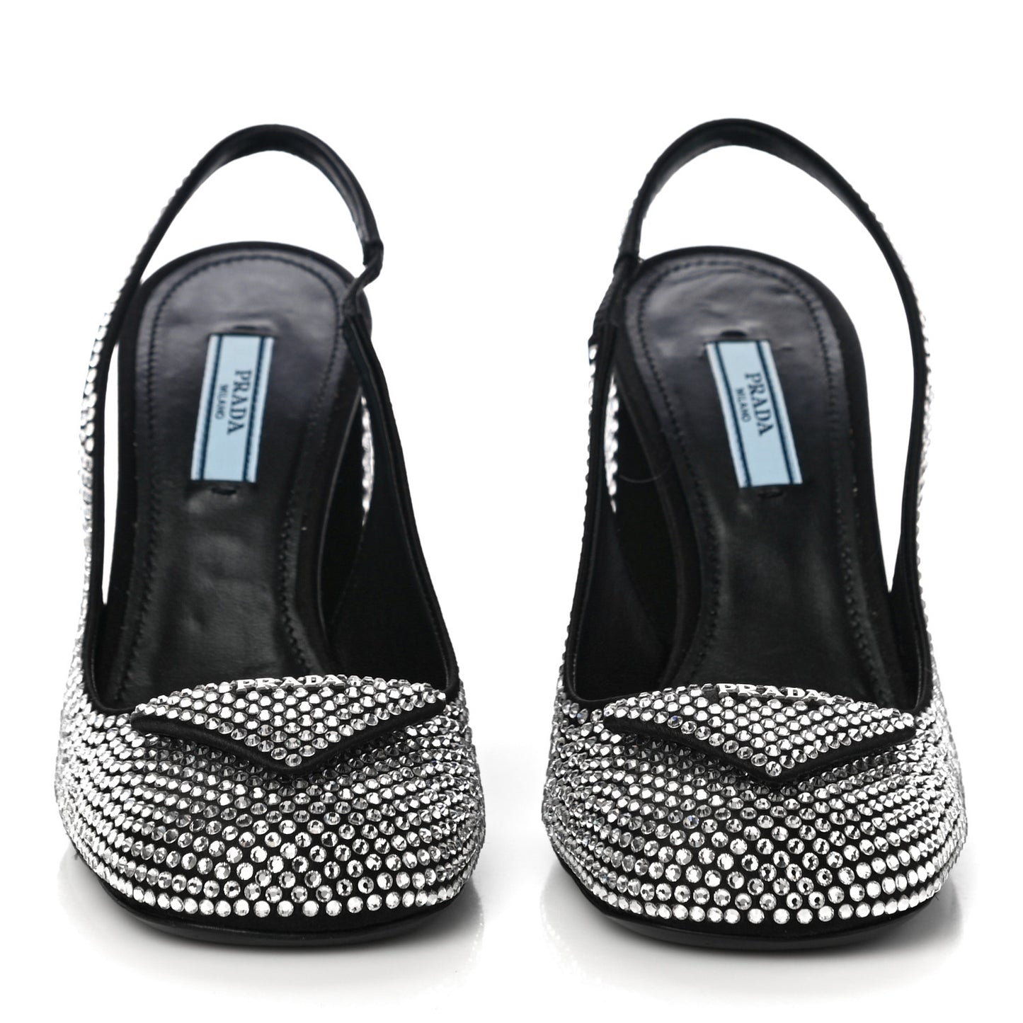 Satin Crystal Logo Block Heel 75mm Slingback Pumps 37 Cristal