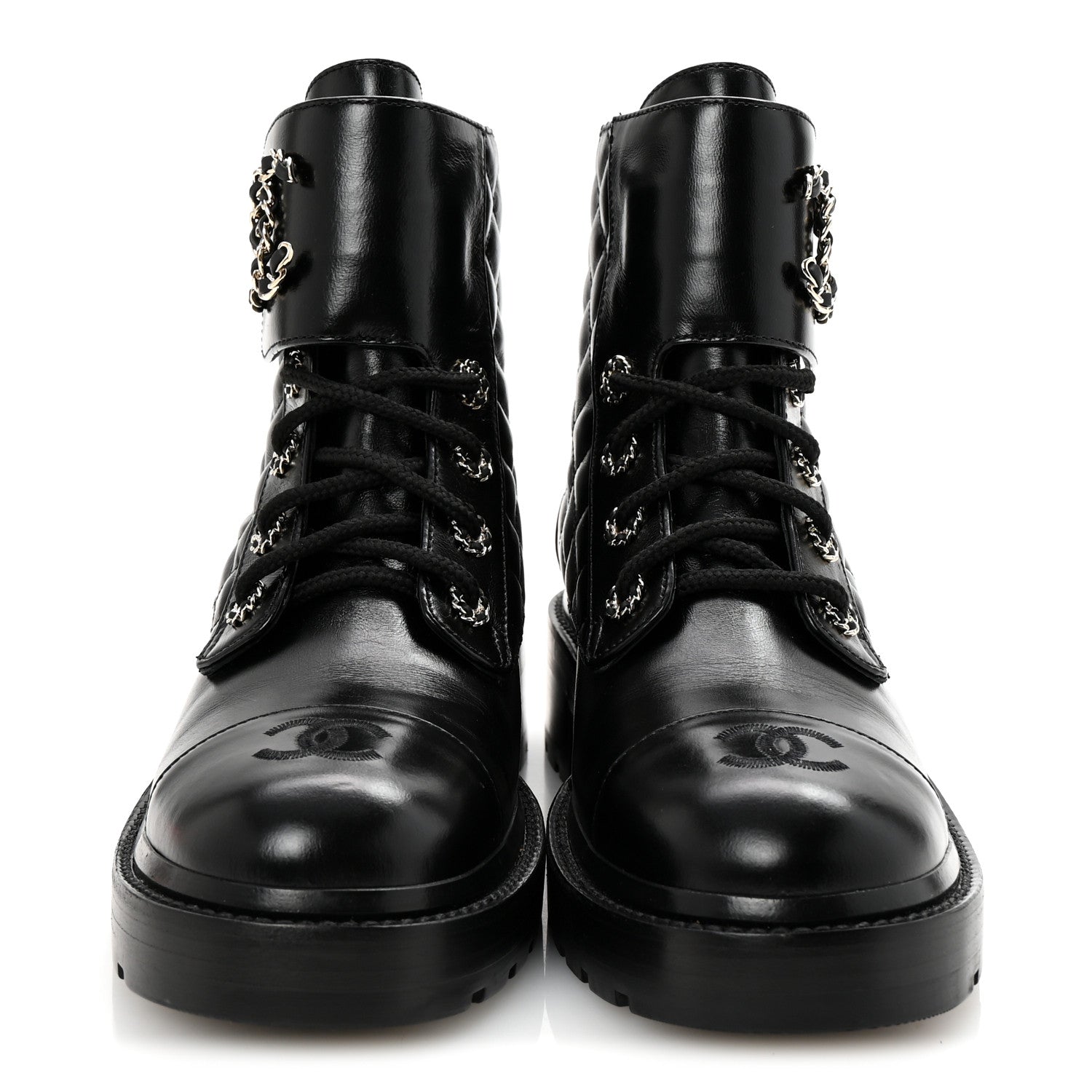 Chanel Shiny Lambskin Quilted Lace Up Combat Boots 39 Black 3 of 10
