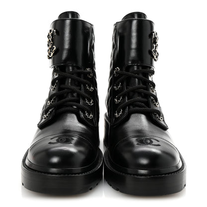 Chanel Shiny Lambskin Quilted Lace Up Combat Boots 39 Black 3 of 10