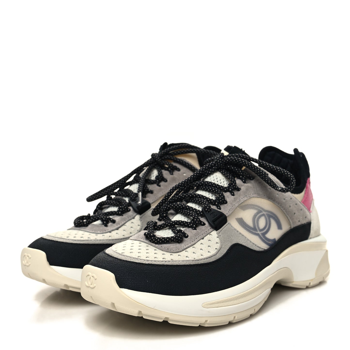 Fabric Suede Calfskin Mesh Womens CC Sneakers 36.5 Black Pink Ivory