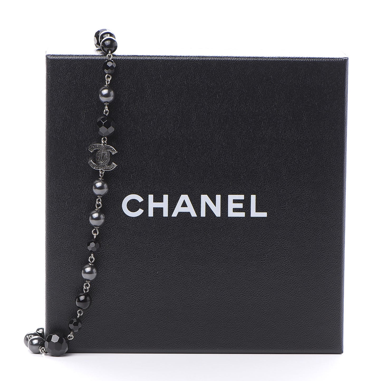 Pearl Bead Enamel CC Long Necklace Silver Black Grey