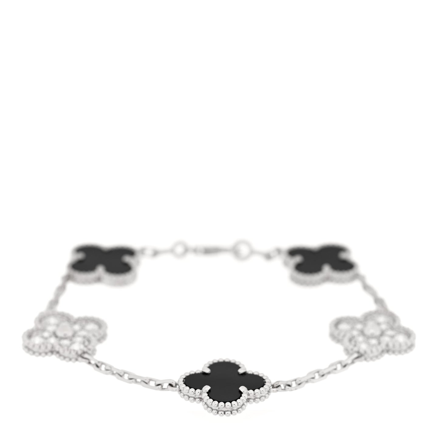 18K White Gold Diamond Black Onyx 5 Motifs Vintage Alhambra Bracelet