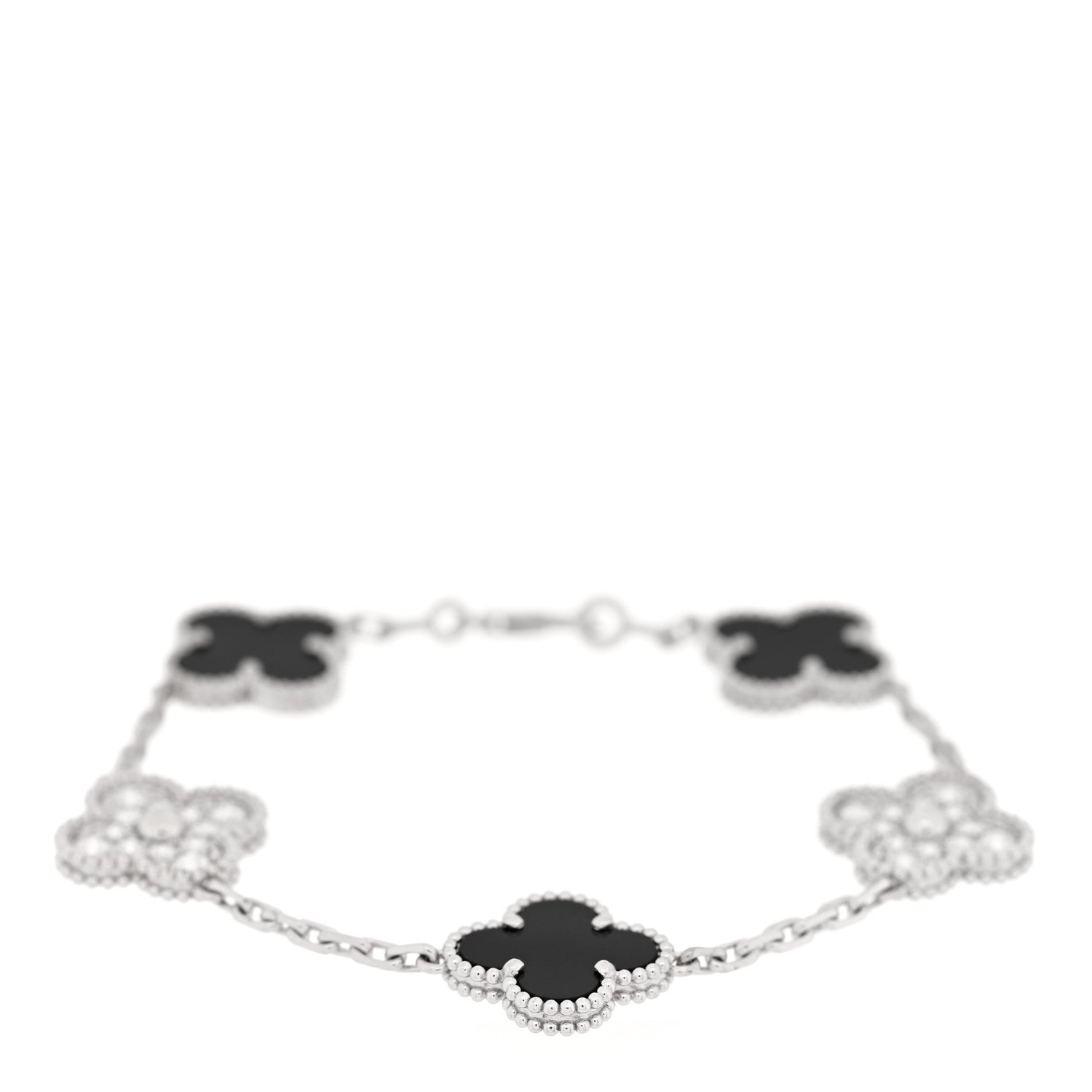 Van Cleef & Arpels 18K White Gold Diamond Black Onyx 5 Motifs Vintage Alhambra Bracelet 1 of 4