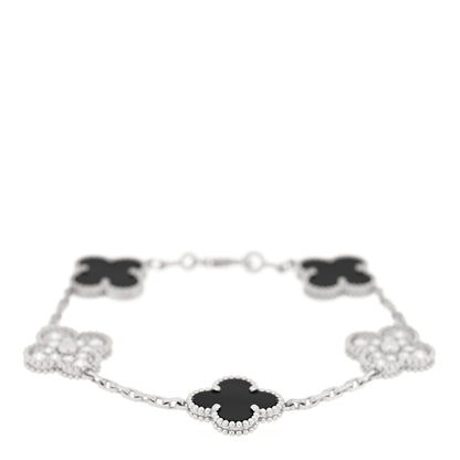 Van Cleef & Arpels 18K White Gold Diamond Black Onyx 5 Motifs Vintage Alhambra Bracelet 1 of 4