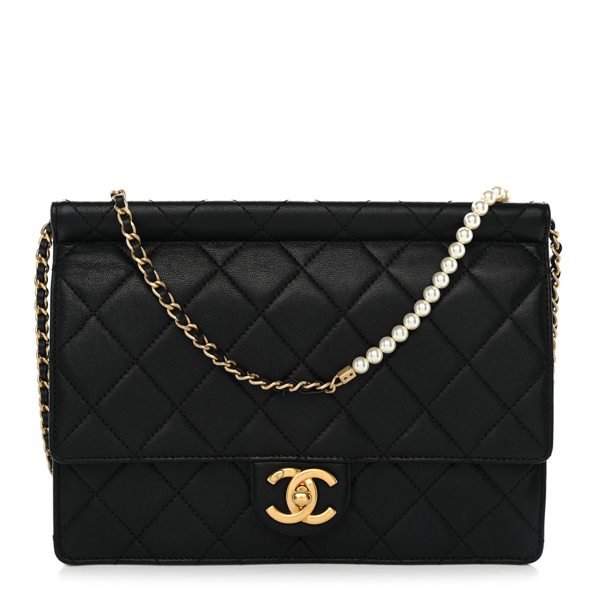 Chanel Lambskin Quilted Large Pearl Chain Flap Bag Black 1 of 10