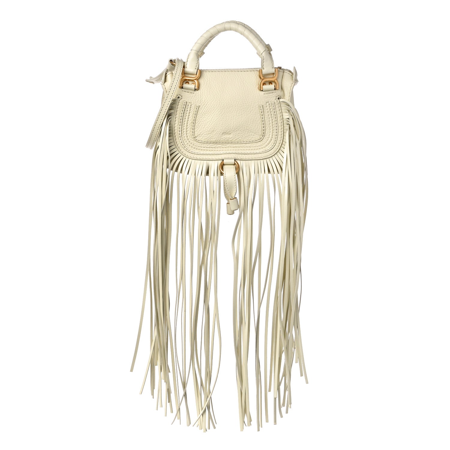 Chloe Grain Calfskin Mini Marcie Multi Fringe Satchel Natural White 1 of 10