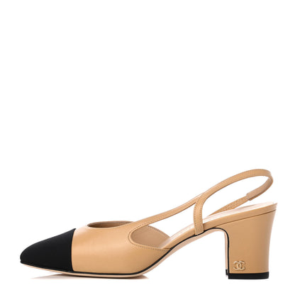 Chanel Goatskin Grosgrain Cap Toe CC Slingback Pumps 37 Beige Black 1 of 18