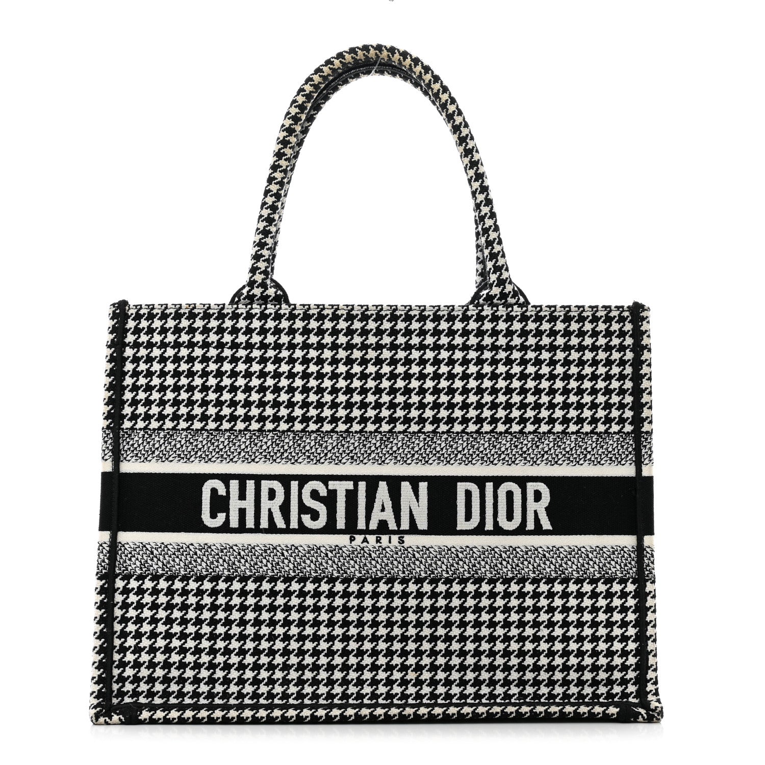 Christian Dior Canvas Houndstooth Embroidered Medium Book Tote Black White 1 of 10