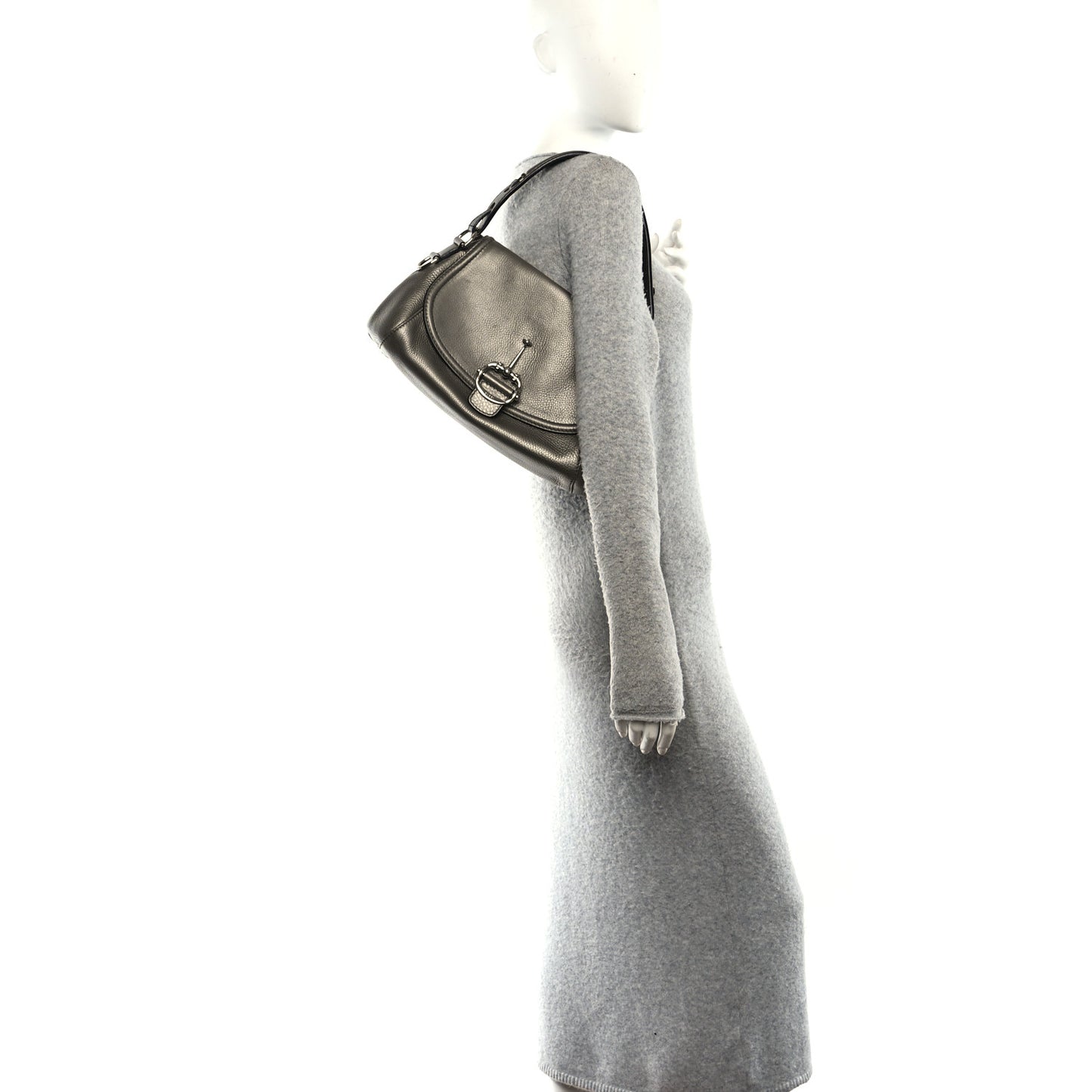 Pebbled Calfskin Medium Techno Horsebit Shoulder Flap Bag Grey
