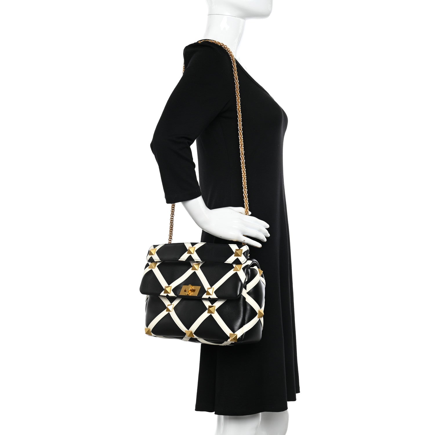 Valentino Garavani Nappa Large Roman Stud Shoulder Bag Black White 2 of 9