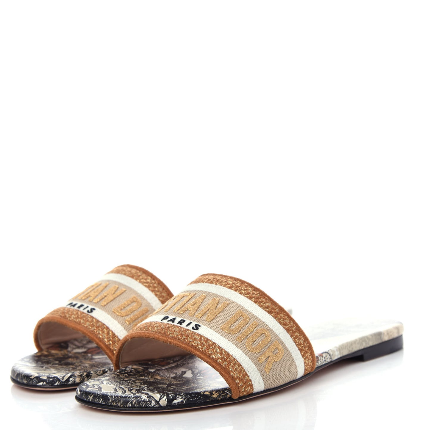 Canvas Lurex Baobab Embroidered Dway Flat Slide Sandals 36.5 Beige
