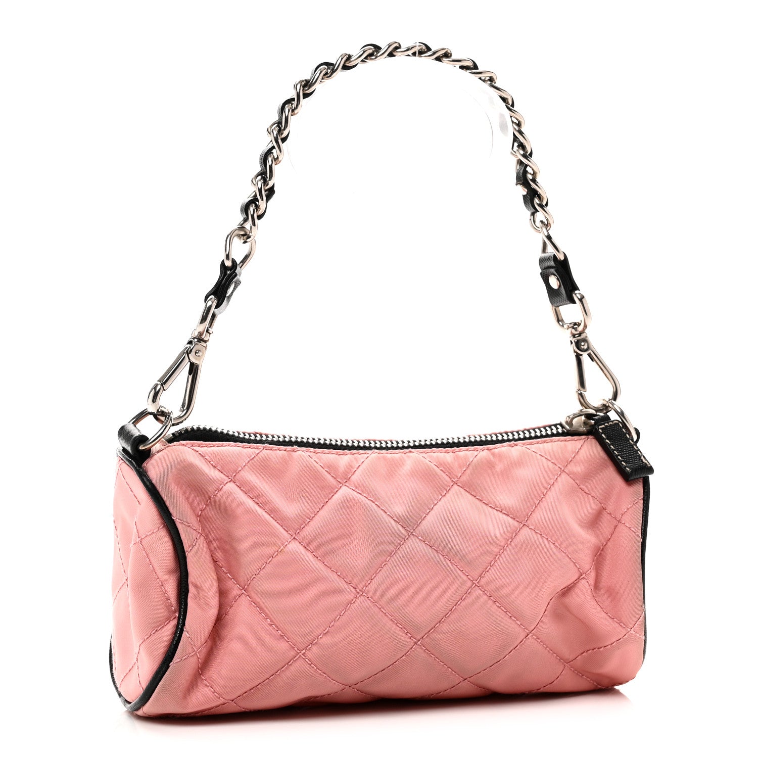 Prada Tessuto Nylon Saffiano Impunturato Quilted Barrel Pochette Pink Black 3 of 9