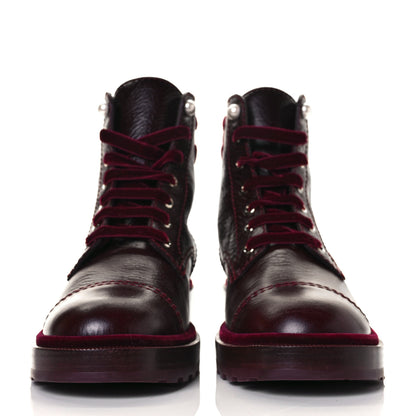 Chanel Calfskin Velvet Pearl Combat Short Boots 42 Burgundy 5 of 30