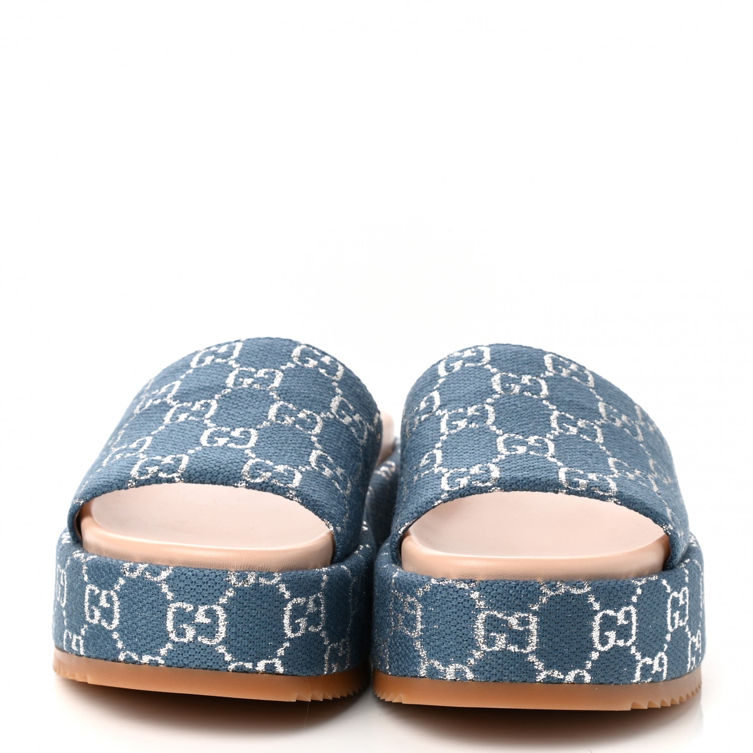 Gucci Canvas Lame GG Monogram Angelina Platform 55mm Slide Sandals 38 Blue Silver 2 of 9