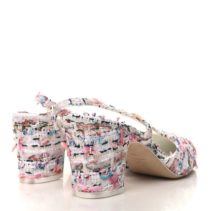 Chanel Tweed Lambskin Cap Toe CC Slingback Pumps 38 White Multicolor 4 of 8