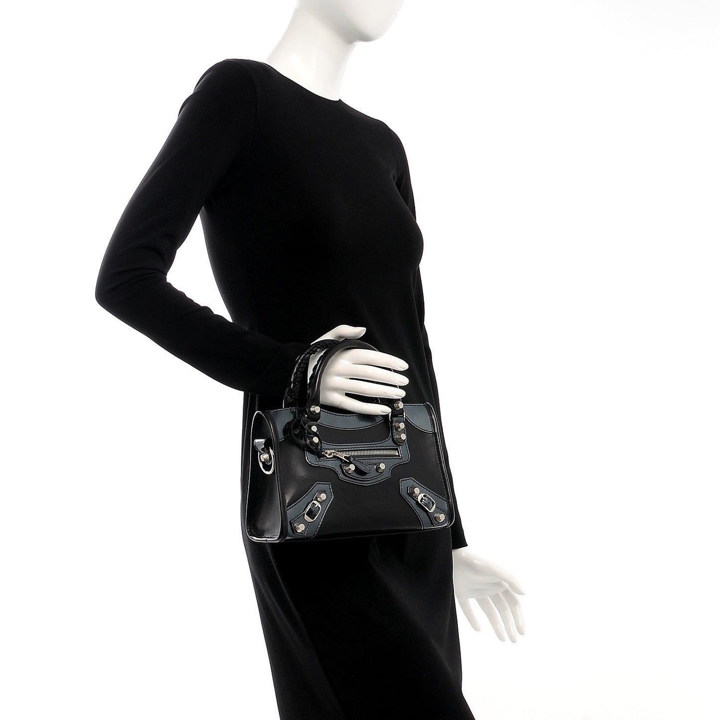 Smooth Calfskin Metallic Patent Giant 12 Silver Hardware Mini City Black Gris