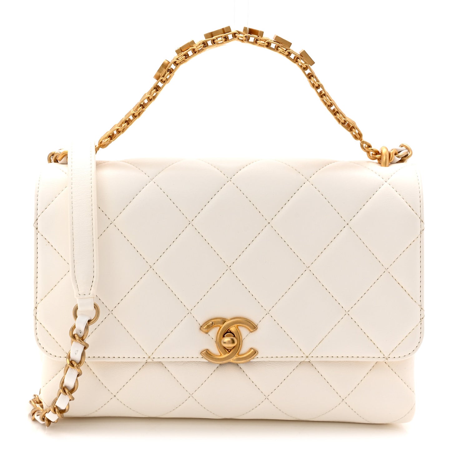 Lambskin Quilted CC Crystal Logo Chain Flap White
