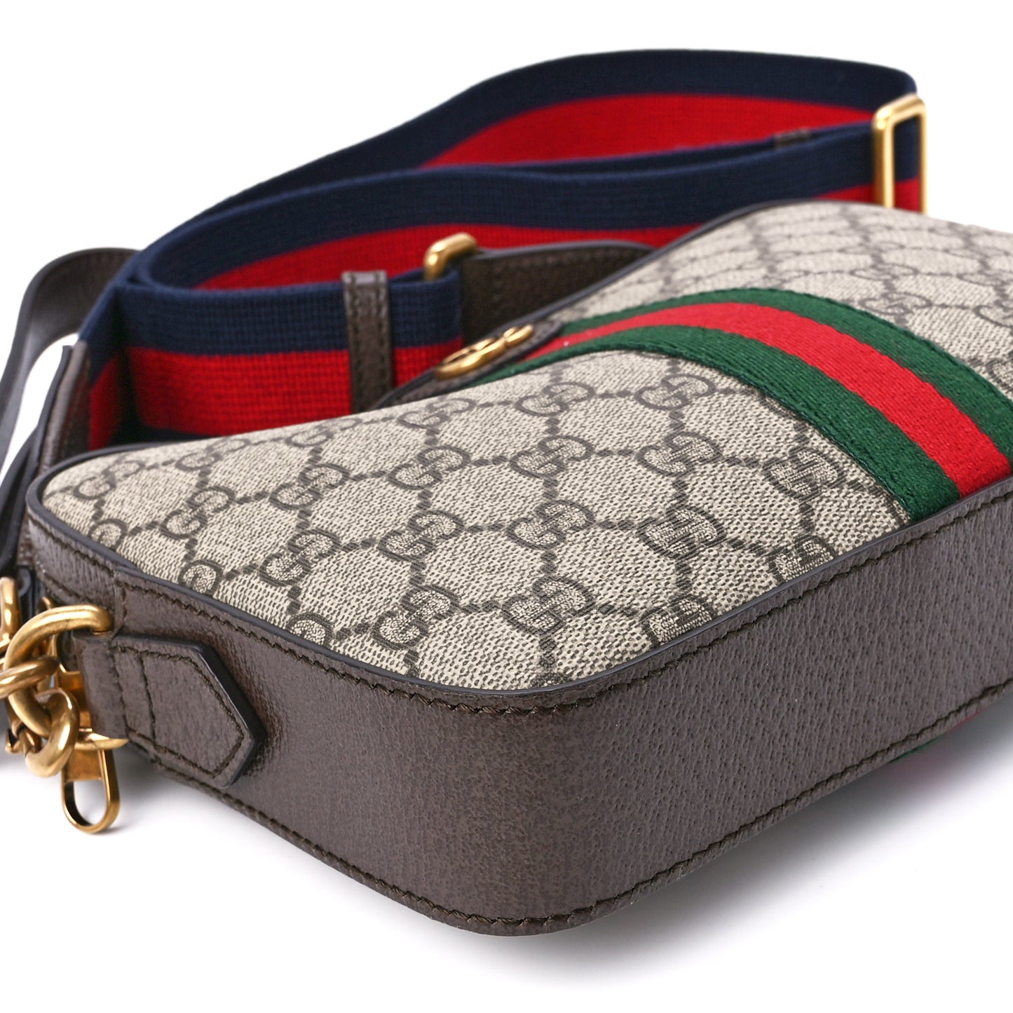 GG Supreme Monogram Textured Dollar Calfskin Web Ophidia Wristlet Shoulder Bag Beige Ebony New Acero