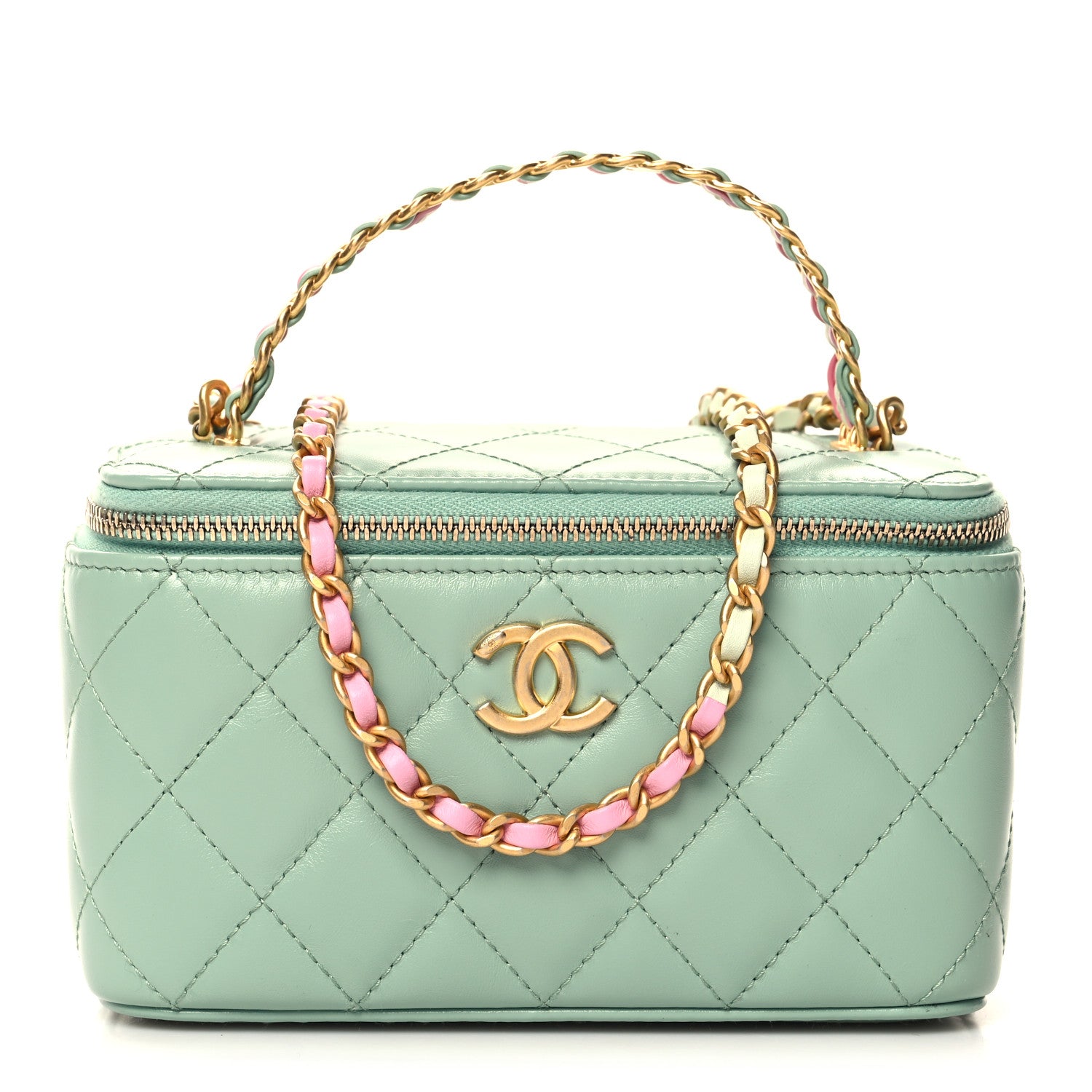 Chanel Shiny Calfskin Quilted Small Top Handle Vanity Case With Chain Light Green 2 of 21