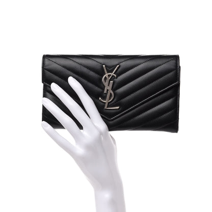 Saint Laurent Grain De Poudre Matelasse Chevron Monogram Flap Wallet Black 2 of 7