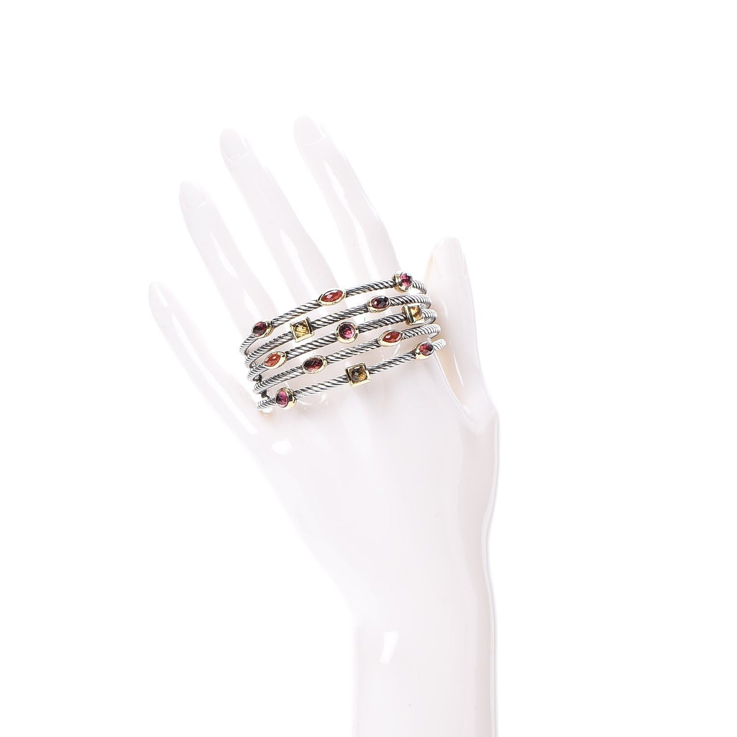 Sterling Silver 18K Yellow Gold Garnet Pink Tourmaline Citrine Carnelian Confetti Five Row Cuff Bracelet