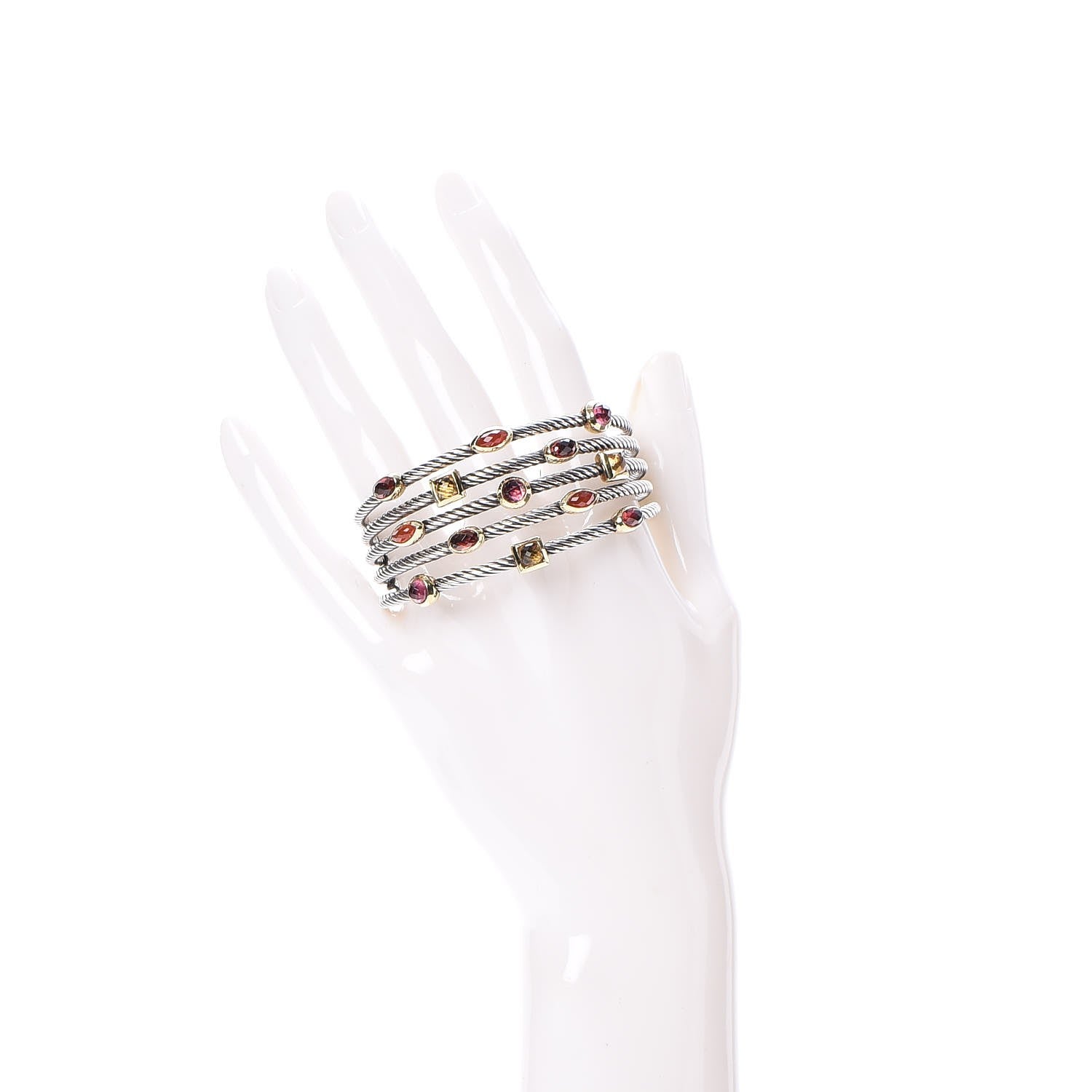 David Yurman Sterling Silver 18K Yellow Gold Garnet Pink Tourmaline Citrine Carnelian Confetti Five Row Cuff Bracelet 2 of 4