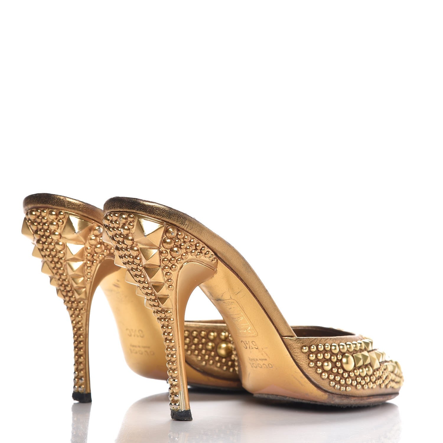 Gucci Calfskin Studded Peep Toe Mules 6.5 Gold 4 of 17