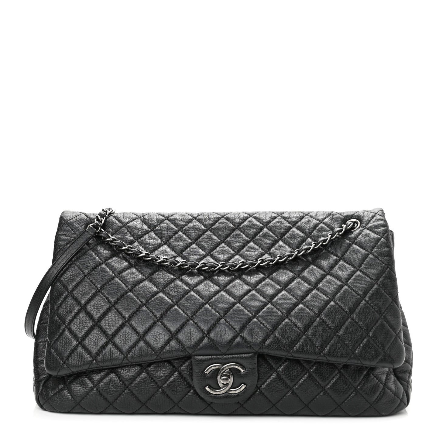 Calfskin Quilted XXL Travel Flap Bag Black