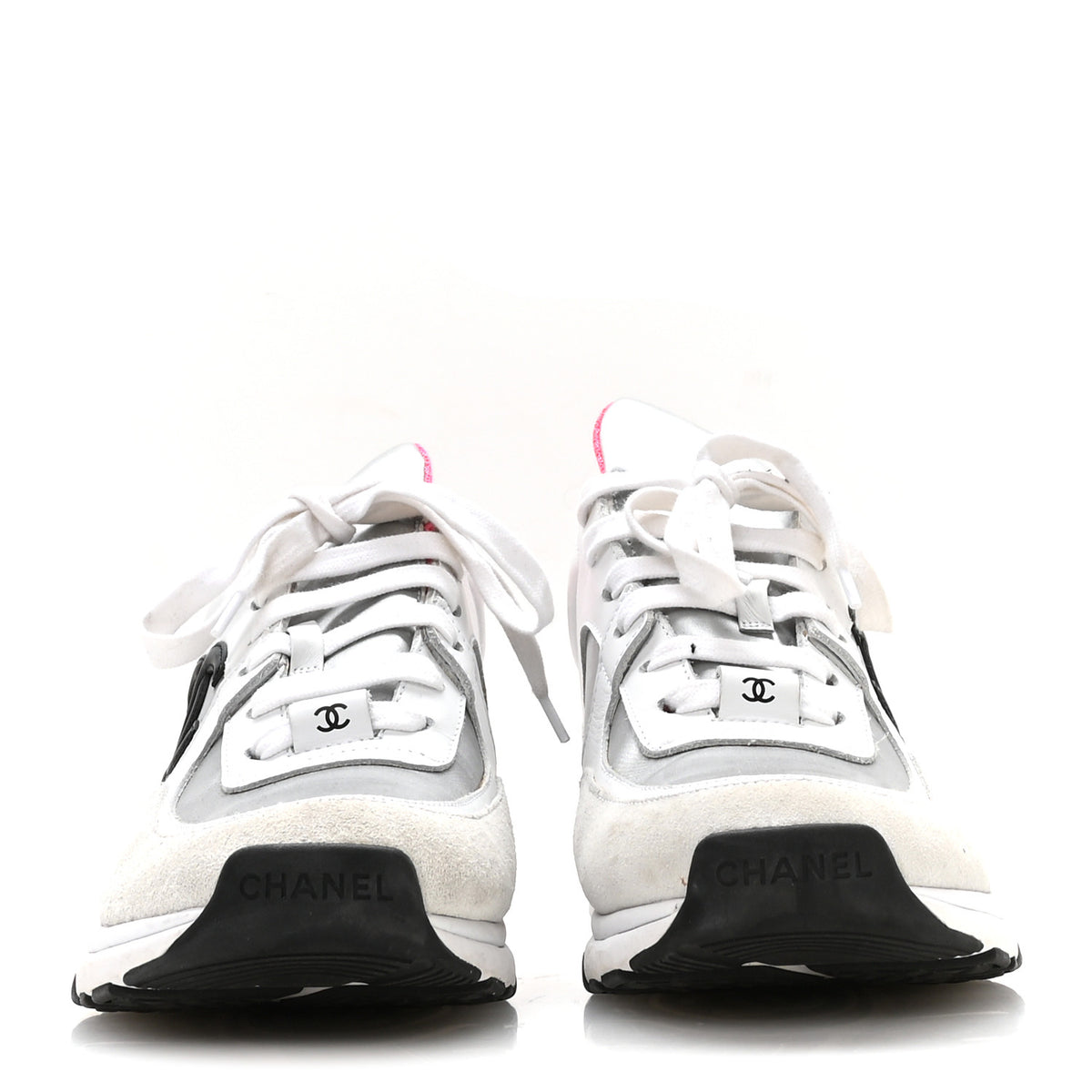 Chanel Calfskin Fabric Sneakers 37.5 White Silver Fluo Pink 3 of 7