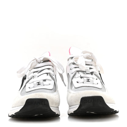 Chanel Calfskin Fabric Sneakers 37.5 White Silver Fluo Pink 3 of 7