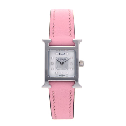 Hermes Stainless Steel Swift Diamond Mother of Pearl 17.2mm Heure H Hour Quartz Watch Rose Sakura 1 of 6