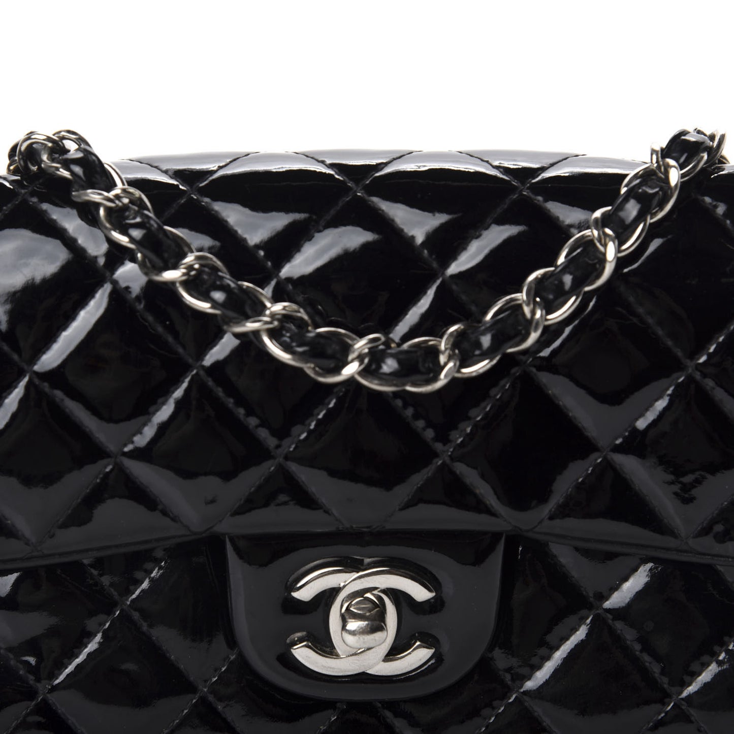 Patent Calfskin Quilted Mini Rectangular Flap Black