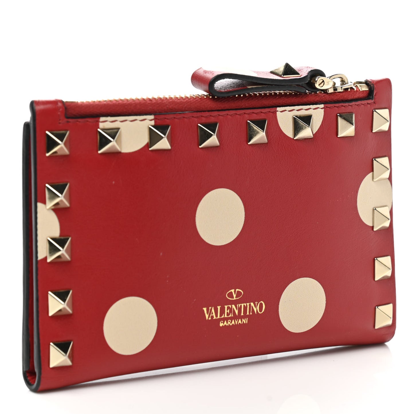 Calfskin Polka Dot Rockstud Coin Case Card Holder Red