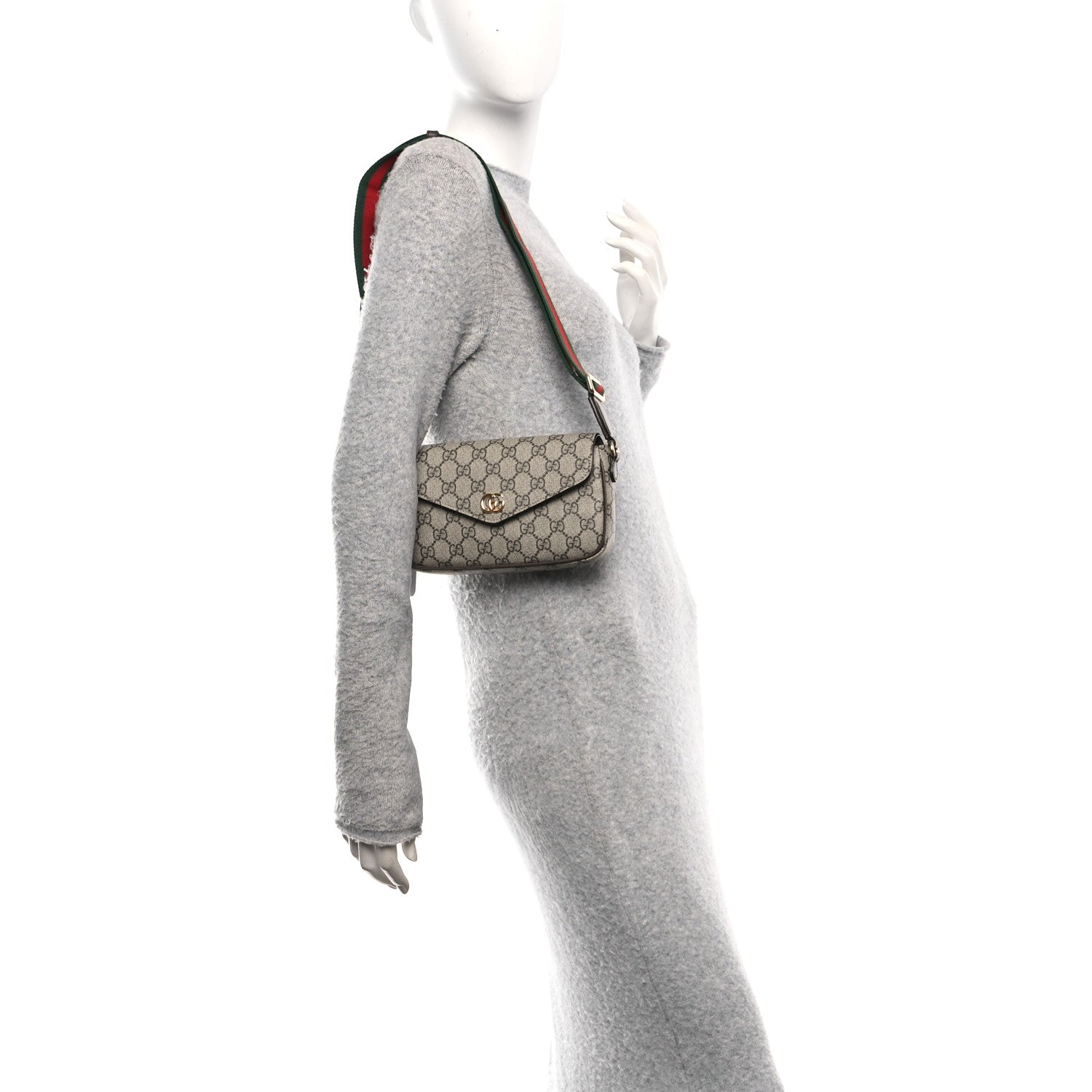 Gucci GG Supreme Monogram Textured Dollar Calfskin Web Mini Ophidia Envelope Shoulder Bag Beige Ebony New Acero 2 of 10