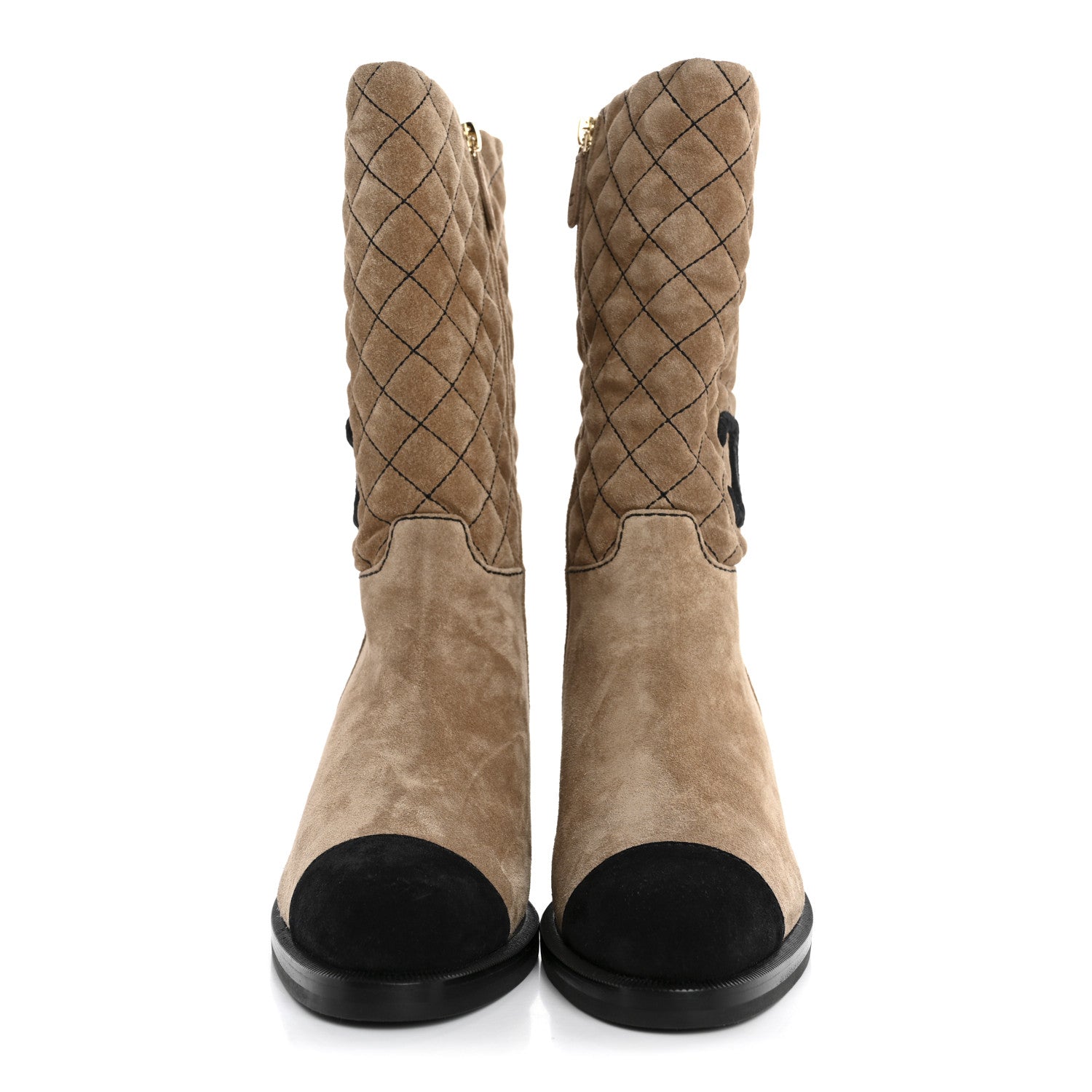 Chanel Suede Quilted CC High Boots 38 Dark Beige Black 3 of 9