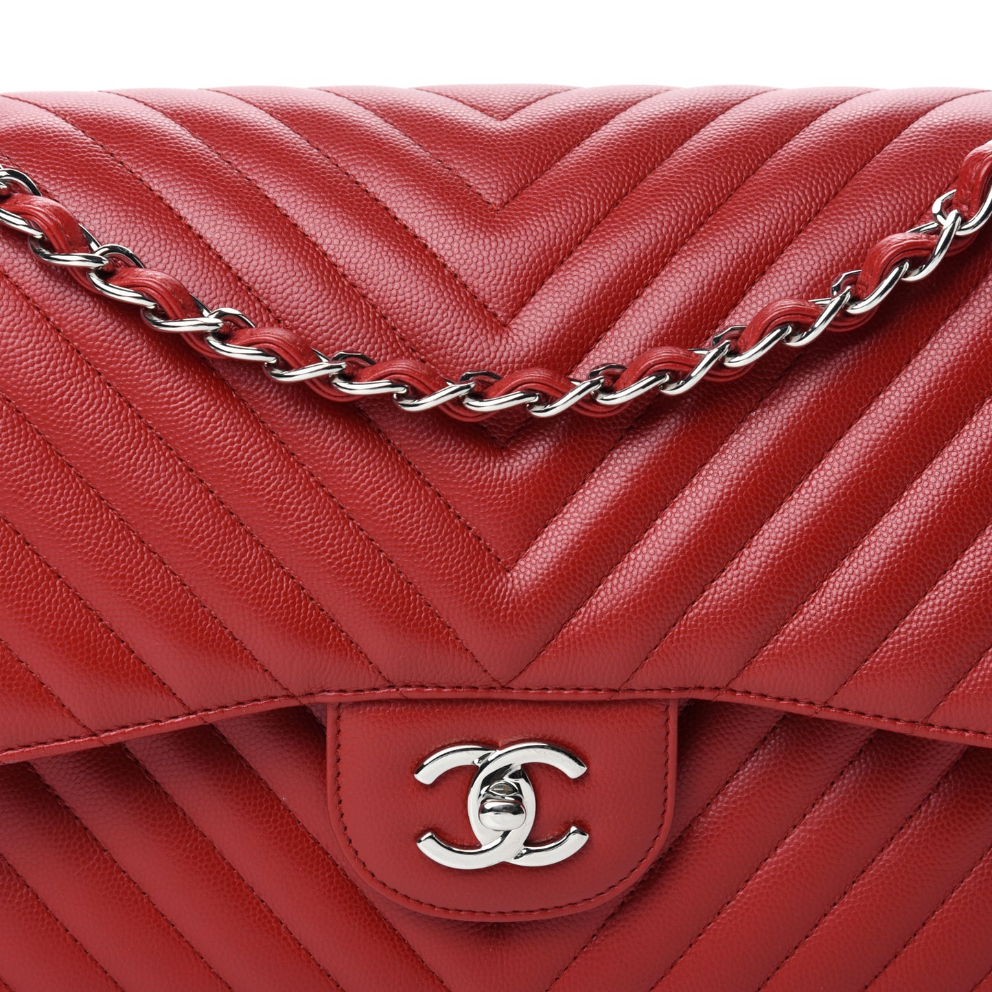 Caviar Chevron Quilted Jumbo Double Flap Dark Red
