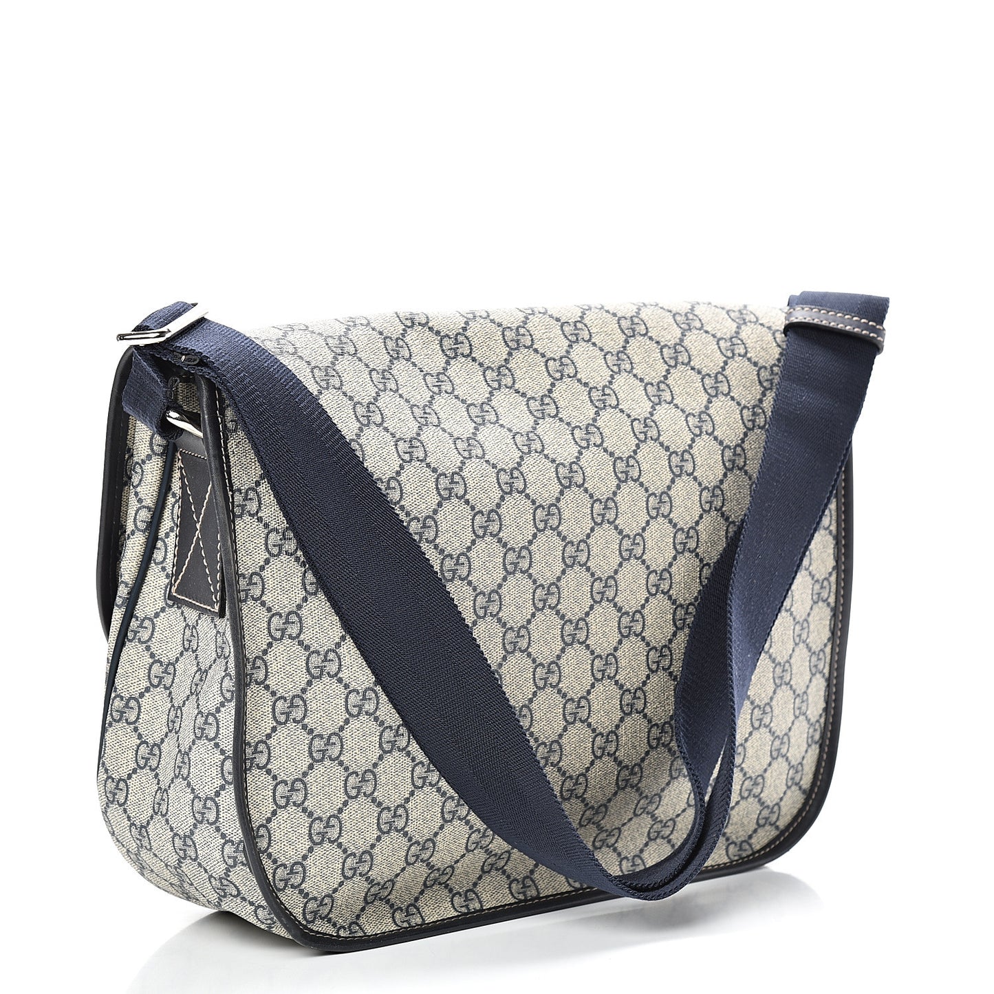 GG Plus Monogram Medium Double Buckle Flap Messenger Bag Beige Navy