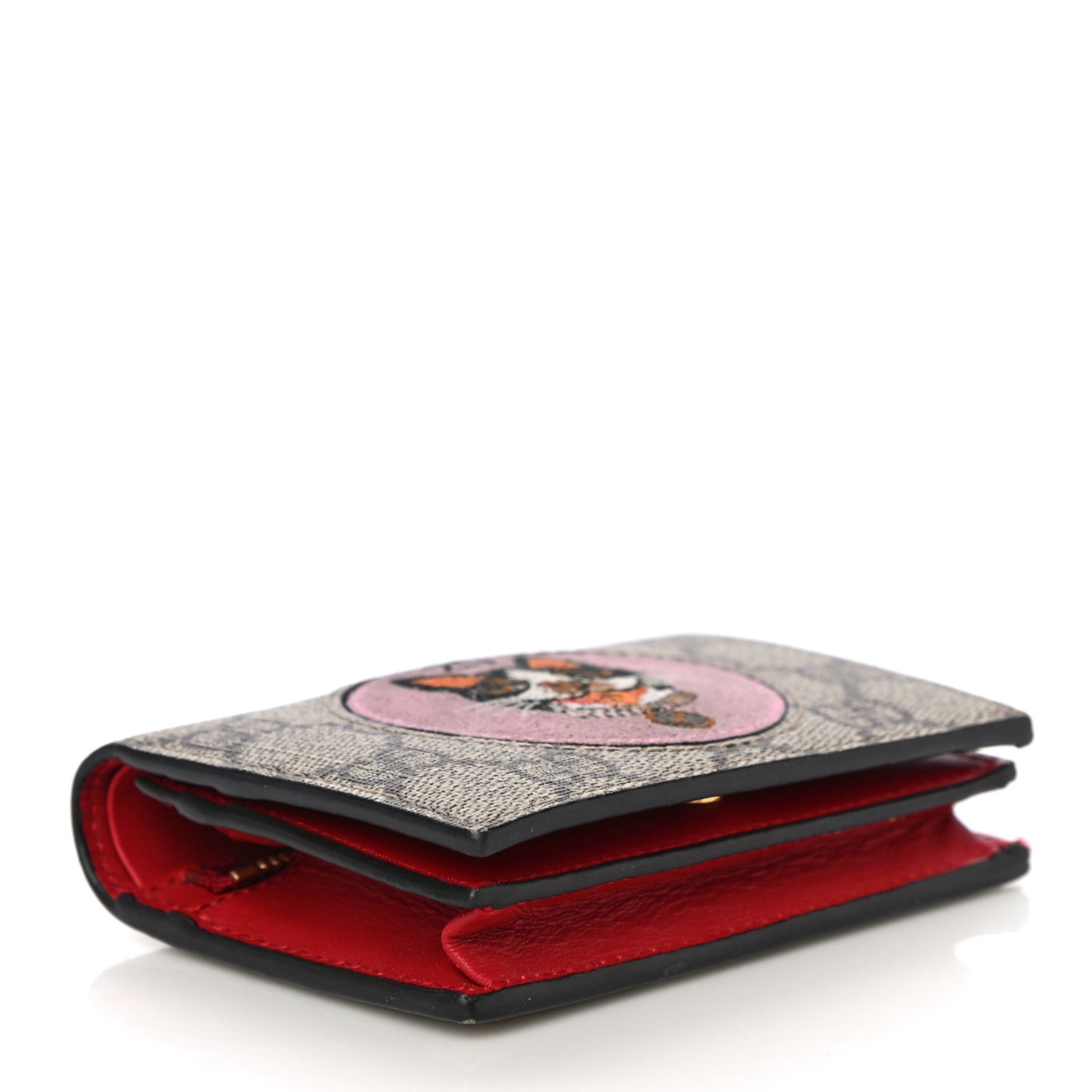 GG Supreme Monogram Bosco Patch Card Case Wallet Beige Malva Hibiscus Red